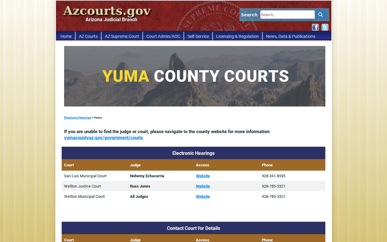 Yuma County court dates and electronic hearing contact directory