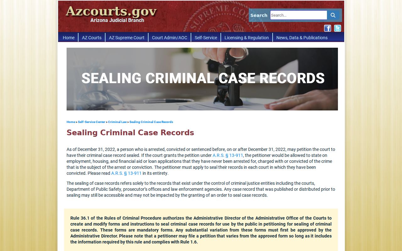 Yuma County criminal docket sealing forms from the Arizona Judicial Branch