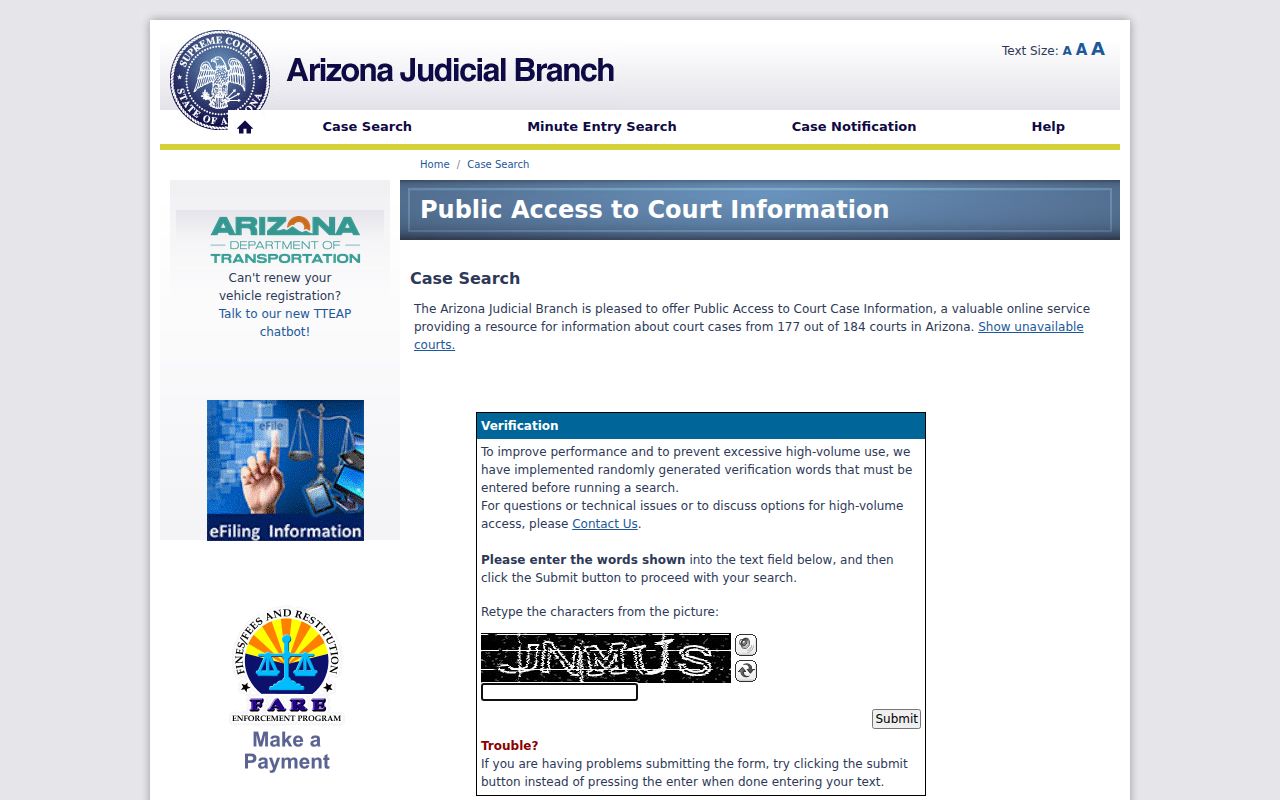 Yuma County court docket search in Arizona Public Access