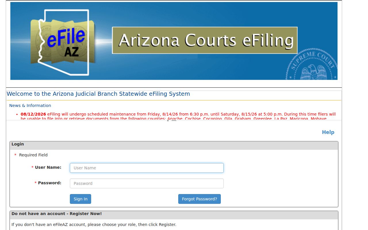 Yuma County court docket filing through eFileAZ